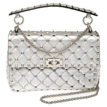 Pre Owned Valentino Silver Quilted Leather Medium Rockstud Spike Shoulder Bag