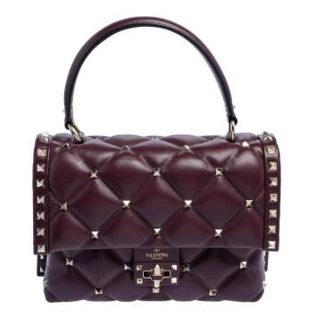 Pre Owned Valentino Burgundy Quilted Leather Medium Candystud Top Handle Bag