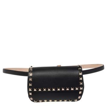 Pre Owned Valentino Black Leather Rockstud Flap Belt Bag