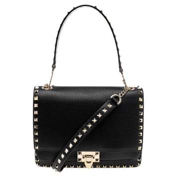 مملوكة مسبقًا Valentino Nero Leather Rockstud Flap Shoulder Bag