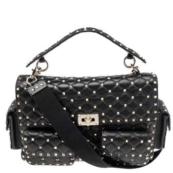 Pre Owned Valentino Black Quilted Leather Large Rockstud Spike Top Handle Bag
