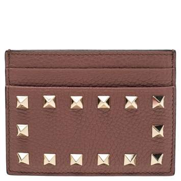 Pre Owned Valentino Brown Leather Rockstud Card Holder