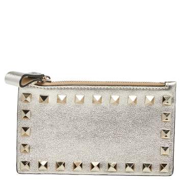 Pre Owned Valentino Light Gold Leather Rockstud Zip Card Holder 
