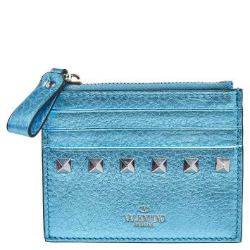 Pre Owned Valentino Metallic Blue Leather Rockstud Zip Card Case