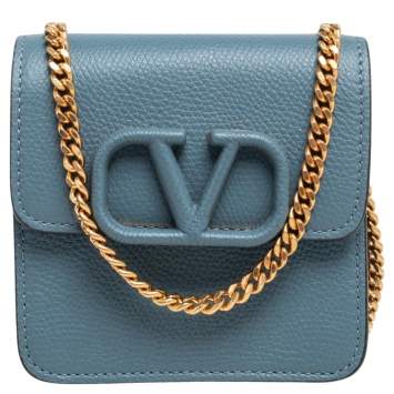 Pre Owned Valentino Blue Leather VLogo Wallet on Chain