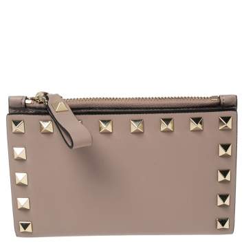Pre Owned Valentino Dusty Pink Leather Rockstud Bifold Card Holder