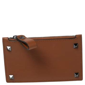 Pre Owned Valentino Tan Leather Rockstud Zip Card Holder 