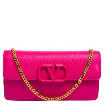 Pre Owned Valentino Hot Pink Leather VLogo Wallet on Chain