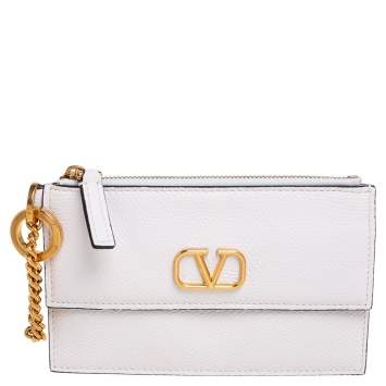 Pre Owned Valentino White Leather VLogo Signature Coin Purse/Card Holder
