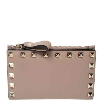Pre Owned Valentino Rose Quartz Leather Rockstud Coin Purse and Card Holder