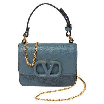 Pre Owned Valentino Blue Grained Leather Mini VLogo Chain Pouch