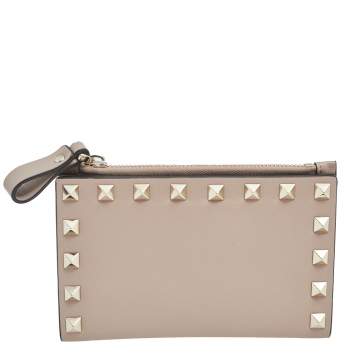 Pre Owned Valentino Beige Leather Rockstud Bifold Card Holder