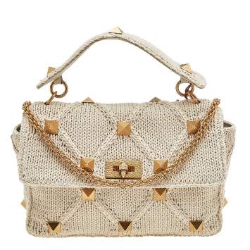 مملوكة مسبقًا Valentino Off White Knitted Fabric Roman Stud Top Handle Bag