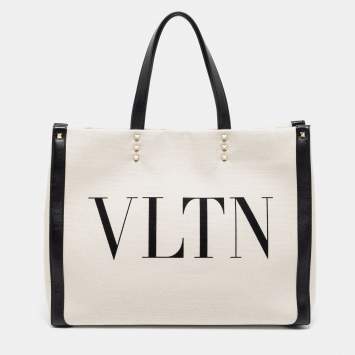 Pre Owned Valentino White/Black Canvas and Leather VLTN Logo Tote