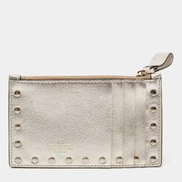 Pre Owned Valentino Metallic Gold Leather Rockstud Zip Card Holder 