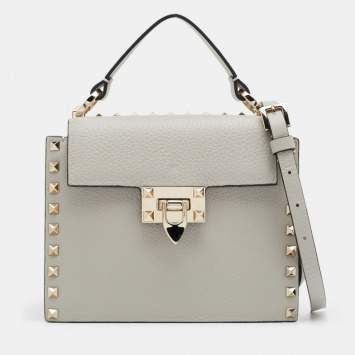 Pre Owned Valentino Grey Leather Small Rockstud Top Handle Bag