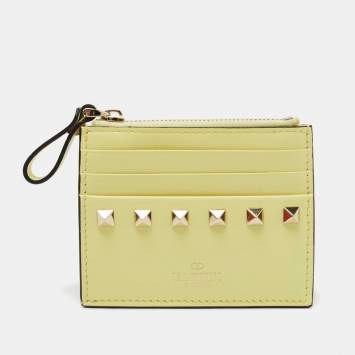 Pre Owned Valentino Yellow Leather Rockstud Zip Card Case