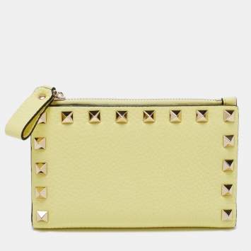 Pre Owned Valentino Yellow Leather Rockstud Zip Card Case