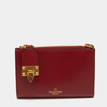Pre Owned Valentino Red Saffiano Leather Rockstud Twist Lock Zip Wallet 