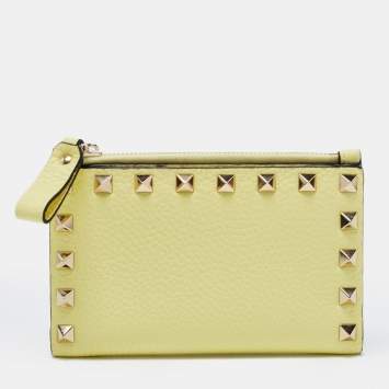 Pre Owned Valentino Yellow Leather Rockstud Zip Card Holder