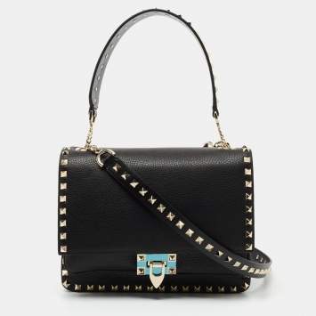 Pre Owned Valentino Black Leather Rockstud Flap Top Handle Bag
