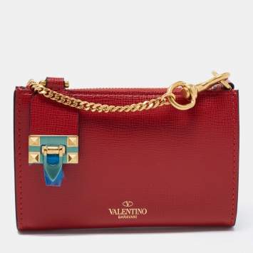 Pre Owned Valentino Red Leather Rockstud Twist Lock Zip Wallet 
