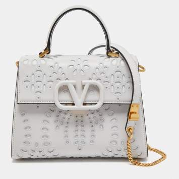 Pre Owned Valentino White San Gallo Embroidery Leather Small VSling Top Handle Bag