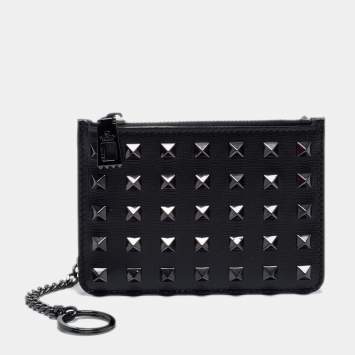 Pre Owned Valentino Black Leather Rockstud Zip Card Case