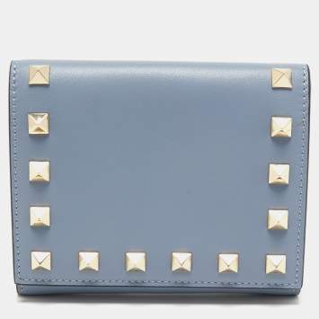 Pre Owned Valentino Light Blue Leather Rockstud Trifold Wallet