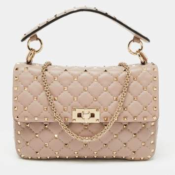 Pre Owned Valentino Pink Leather Medium Rockstud Spike Top Handle Bag