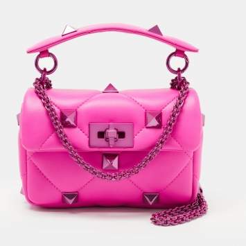 Pre Owned Valentino Pink Leather Small Roman Stud Top Handle Bag
