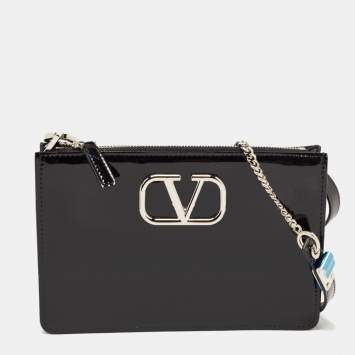 Pre Owned Valentino Black Patent Leather Vsling Zip Shoulder Bag