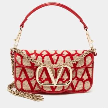 Pre Owned Valentino Red/Beige Iconographe Canvas Small Loco Shoulder Bag