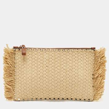 Pre Owned Valentino Brown/Natural Raffia and Leather Rockstud Zip Pouch