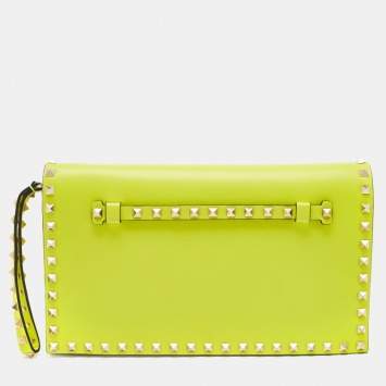 Pre Owned Valentino Neon Yellow Leather Rockstud Flap Wristlet Clutch