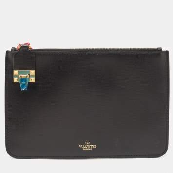 Pre Owned Valentino Black Leather Small Rockstud Lock Flat Pouch 