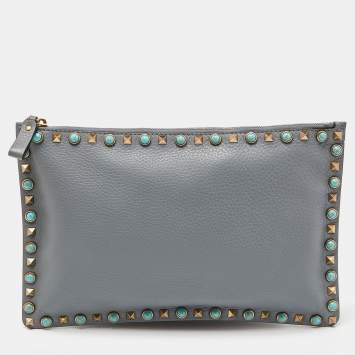 Pre Owned Valentino Grey Leather Rolling Rockstud Zip Pouch