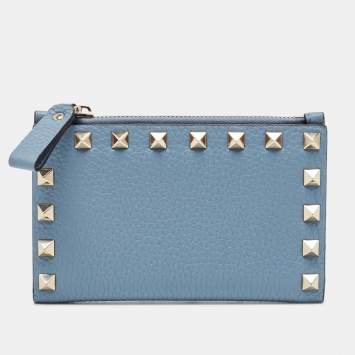 Pre Owned Valentino Blue Leather Rockstud Bifold Card Wallet