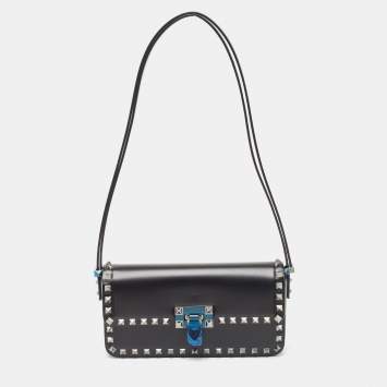 Pre Owned Valentino Black Leather Rockstud Flap Shoulder Bag