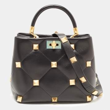 Pre Owned Valentino Black Quilted Leather Roman Stud Top Handle Bag