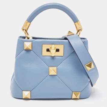 Pre Owned Valentino Blue Quilted Leather Mini Roman Stud Top Handle Bag