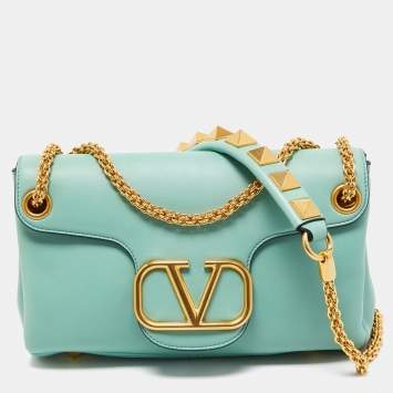Pre Owned Valentino Mint Green Leather Stud Sign Shoulder Bag