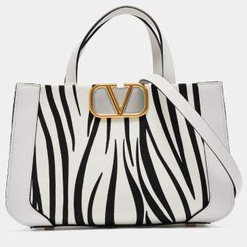 Pre Owned Valentino White/Black Zebra Print Canvas and Leather Small VLogo Tote
