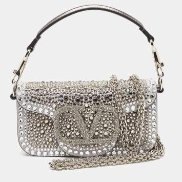 Pre Owned Valentino Silver/Gun Metal Suede Crystals Small VLogo Shoulder Bag