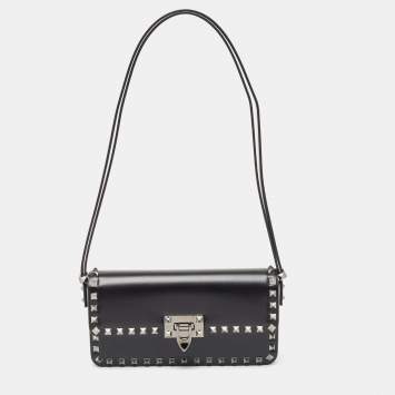 Pre Owned Valentino Black Leather Rockstud Flap Shoulder Bag