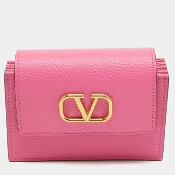 Pre Owned Valentino Pink Leather VLogo Accordion Card Holder