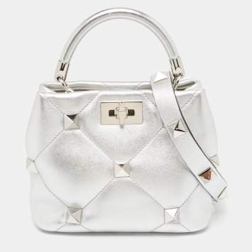 Pre Owned Valentino Silver Quilted Leather Small Roman Stud Top Handle Bag