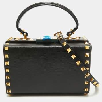 Pre Owned Valentino Black Leather Rockstud Alcove Box Top Handle Bag