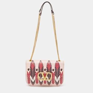 Pre Owned Valentino Pink Printed Leather VLogo Shoulder Bag