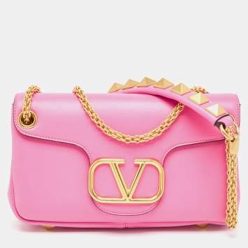 Pre Owned Valentino Pink Leather Stud Sign Shoulder Bag